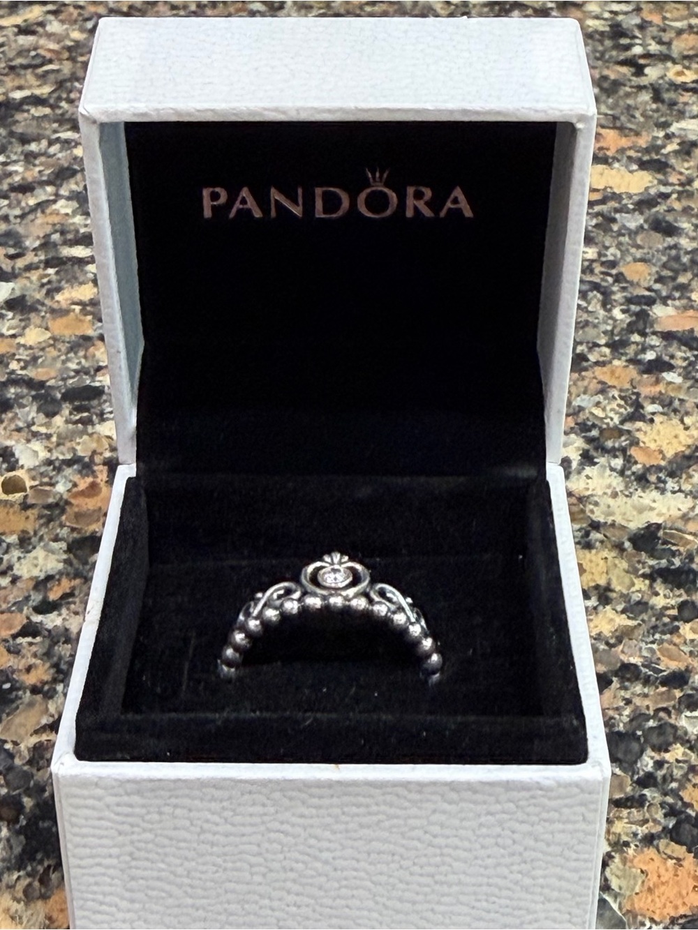Pandora Silver Tiara Crown Ring with Clear Stone